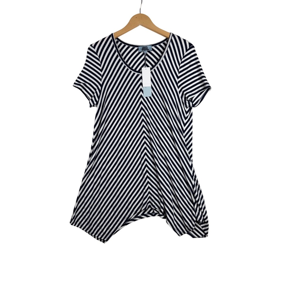 New Joan Vass Striped Asymmetrical Short Sleeve Mini Dress size Large Black/Whit